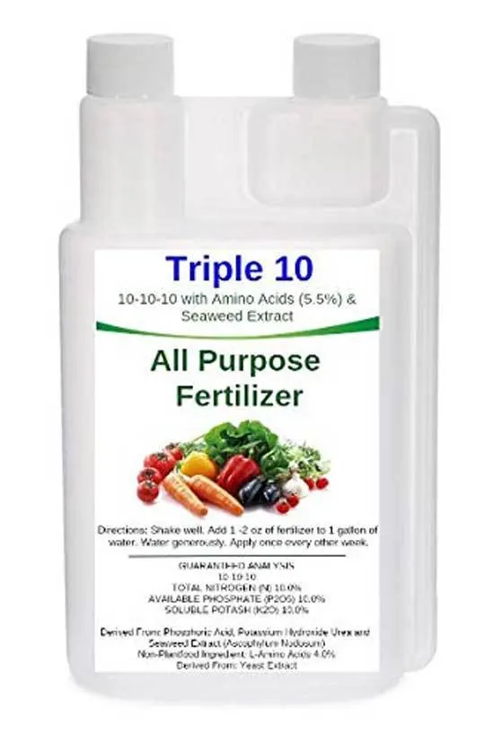 Triple 10 All Purpose Liquid Fertilizer 10 10 10 with Amino Acids 5.5 Seaweed Extract 32oz - Best Fertilizer for Hostas