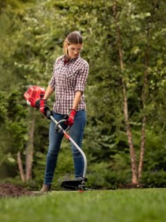 A woman edging the lawn with a curved shaft trimmer—how to edge with a curved shaft trimmer?
