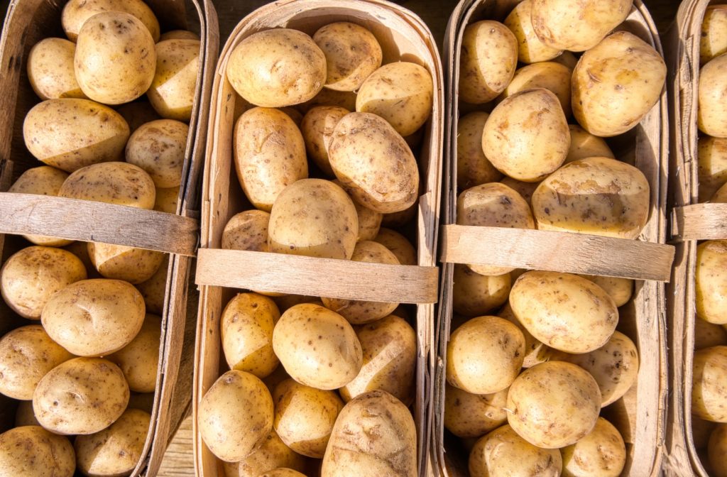 Potatoes in buckets—indoor plants for city gardeners.