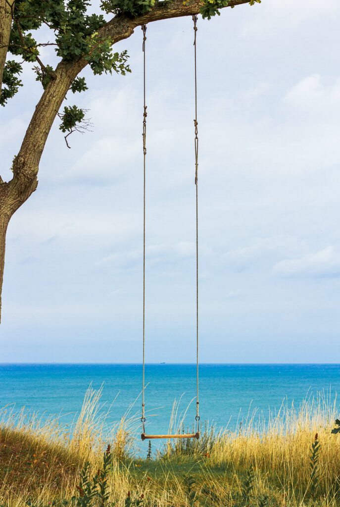 Wooden swing overlooking the calm sea—how to hang a rope swing from a tall tree?